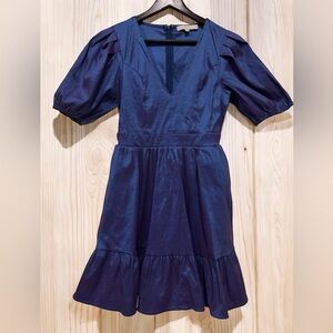 Karlie Deep Blue V-Neck Puff Sleeve Mini Dress